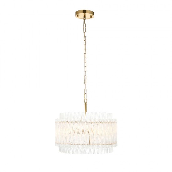 78890-001 Brushed Aged Brass 3 Light Pendant with Clear Ribbed Glass Rods