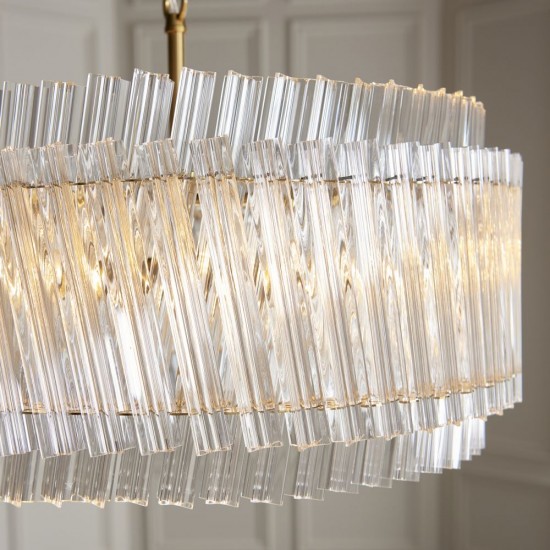 78891-001 Brushed Aged Brass 5 Light Pendant with Clear Ribbed Glass Rods