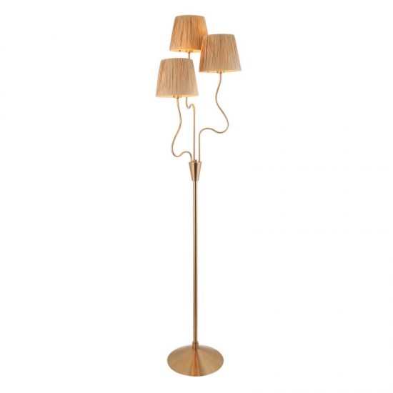 74508-001 Brushed Aged Brass 3 Light Floor Lamp with Natural Raffia Tapered Shades