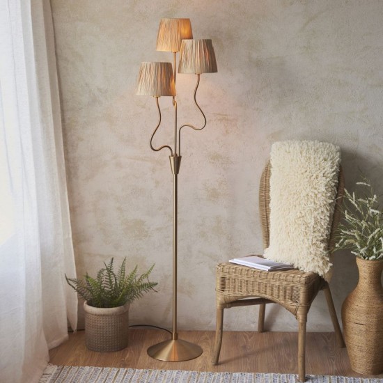 74508-001 Brushed Aged Brass 3 Light Floor Lamp with Natural Raffia Tapered Shades