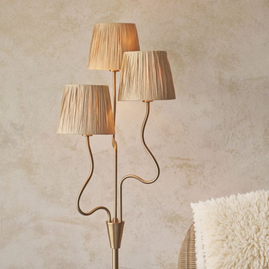 74508-001 Brushed Aged Brass 3 Light Floor Lamp with Natural Raffia Tapered Shades