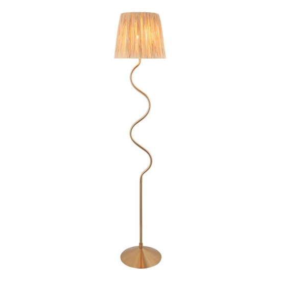 74510-001 Brushed Aged Brass Floor Lamp with Natural Raffia Tapered Shade