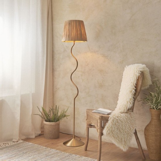 74510-001 Brushed Aged Brass Floor Lamp with Natural Raffia Tapered Shade