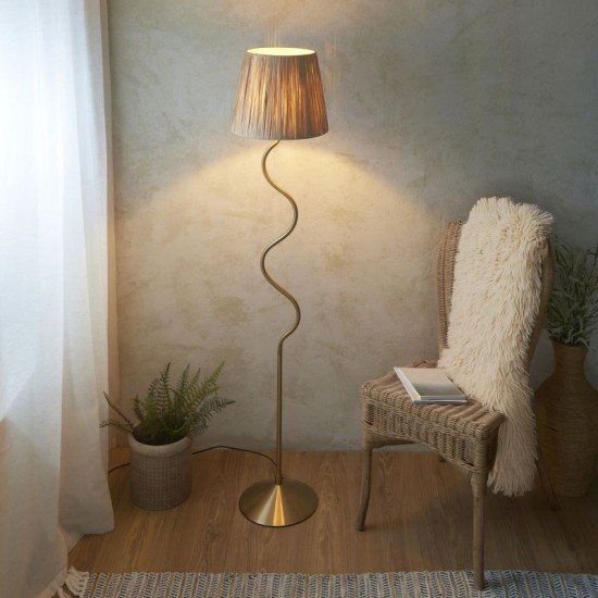 74510-001 Brushed Aged Brass Floor Lamp with Natural Raffia Tapered Shade
