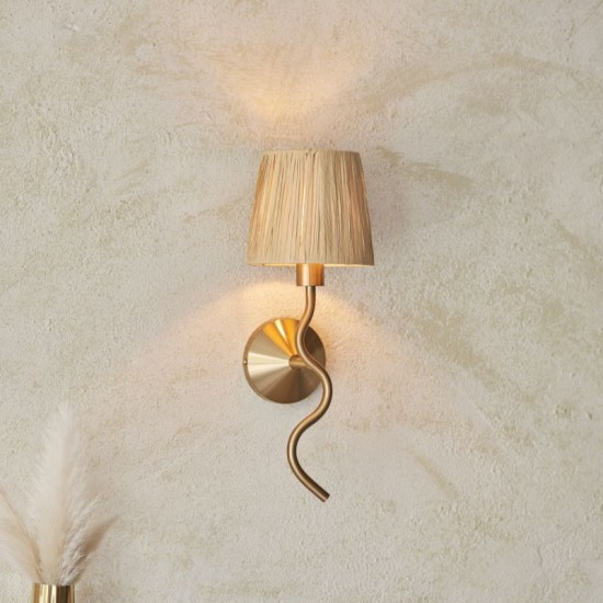 74513-001 Brushed Aged Brass Wall Lamp with Natural Raffia Tapered Shade