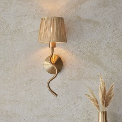 74513-001 Brushed Aged Brass Wall Lamp with Natural Raffia Tapered Shade