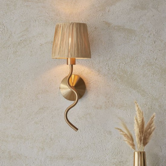 74513-001 Brushed Aged Brass Wall Lamp with Natural Raffia Tapered Shade