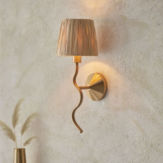 74513-001 Brushed Aged Brass Wall Lamp with Natural Raffia Tapered Shade