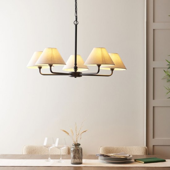 22023-001 Matt Black 5 Light Pendant with Natural Linen Shade