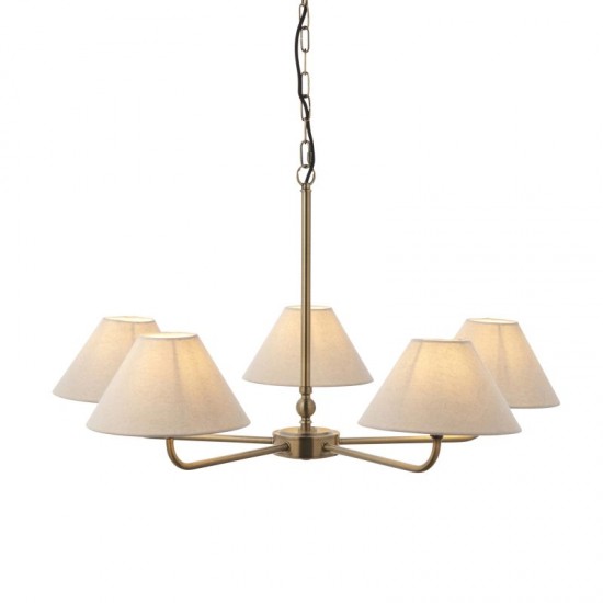 22108-001 Antique Brass 5 Light Pendant with Natural Linen Shade