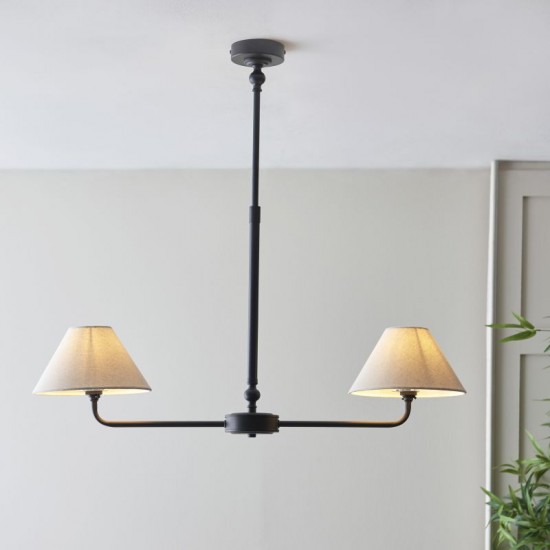 21947-001 Matt Black 2 Light over Island Fitting with Natural Linen Shade