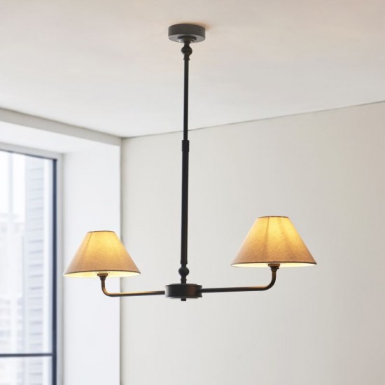 21947-001 Matt Black 2 Light over Island Fitting with Natural Linen Shade