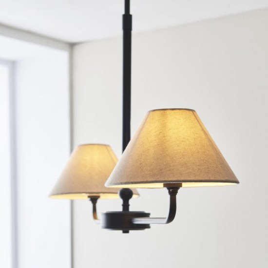 21947-001 Matt Black 2 Light over Island Fitting with Natural Linen Shade