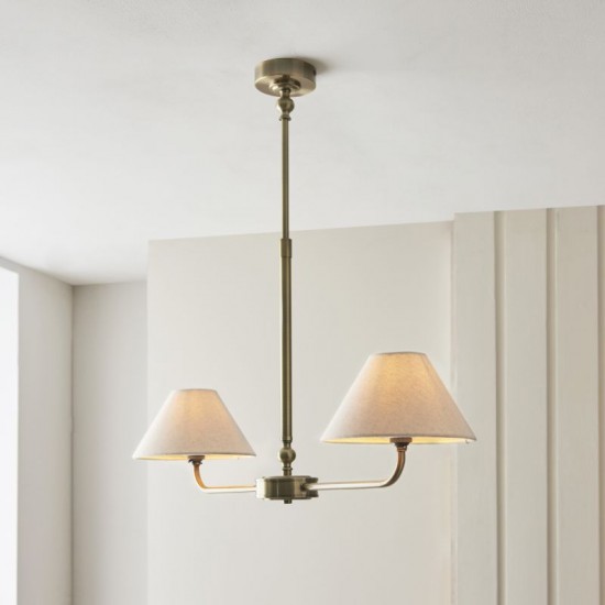 21967-001 Antique Brass 2 Light over Island Fitting with Natural Linen Shade