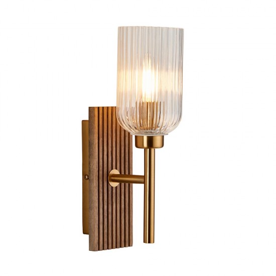 78769-001 Wooden & Vintage Brass Wall Lamp with Clear Ribbed Glass