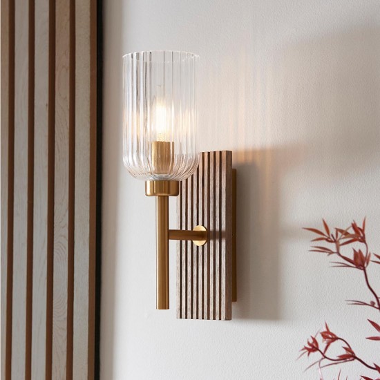 78769-001 Wooden & Vintage Brass Wall Lamp with Clear Ribbed Glass