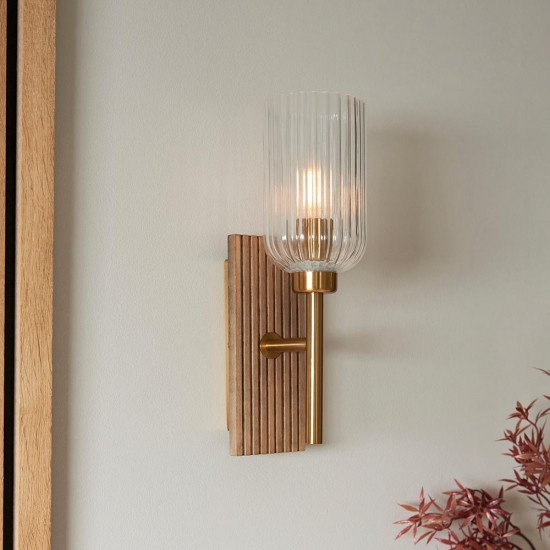 78769-001 Wooden & Vintage Brass Wall Lamp with Clear Ribbed Glass