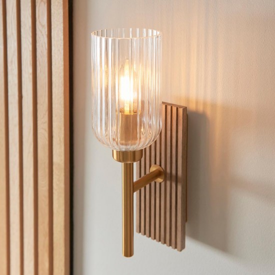 78769-001 Wooden & Vintage Brass Wall Lamp with Clear Ribbed Glass
