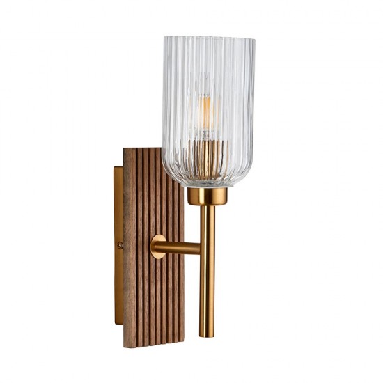 78769-001 Wooden & Vintage Brass Wall Lamp with Clear Ribbed Glass