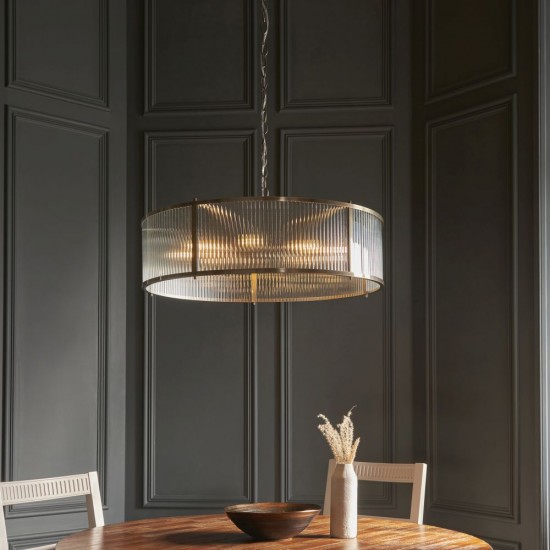 82827-001 Antique Brass 8 Light Pendant with Ribbed Glass