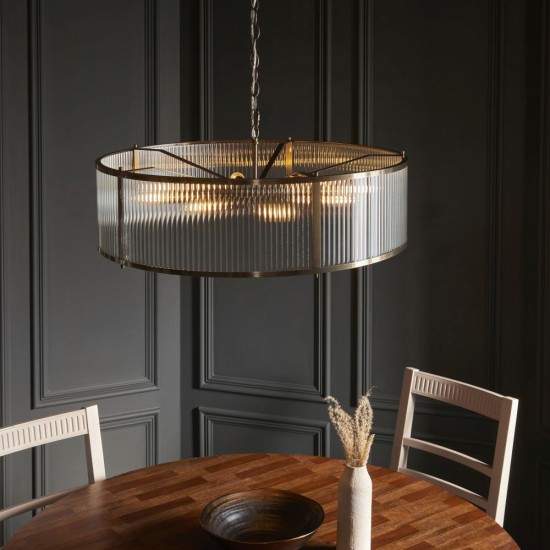 82827-001 Antique Brass 8 Light Pendant with Ribbed Glass