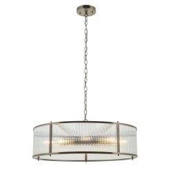 82827-001 Antique Brass 8 Light Pendant with Ribbed Glass