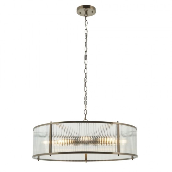 82827-001 Antique Brass 8 Light Pendant with Ribbed Glass