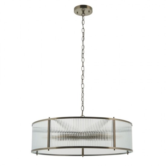 82827-001 Antique Brass 8 Light Pendant with Ribbed Glass