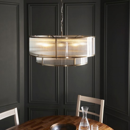 82828-001 Antique Brass 8 Light Pendant with Ribbed Glass