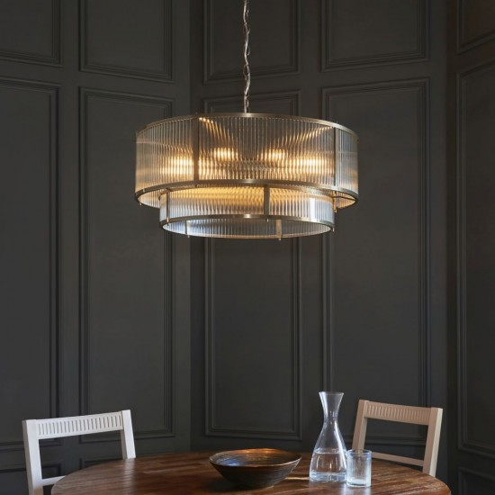 82828-001 Antique Brass 8 Light Pendant with Ribbed Glass