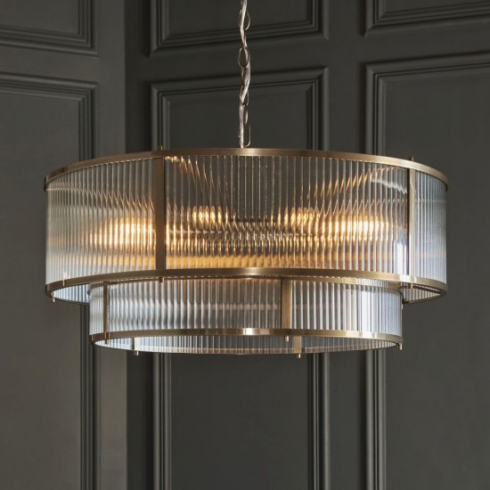 82828-001 Antique Brass 8 Light Pendant with Ribbed Glass