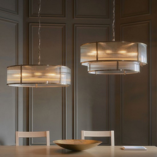 82828-001 Antique Brass 8 Light Pendant with Ribbed Glass