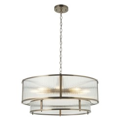 82828-001 Antique Brass 8 Light Pendant with Ribbed Glass