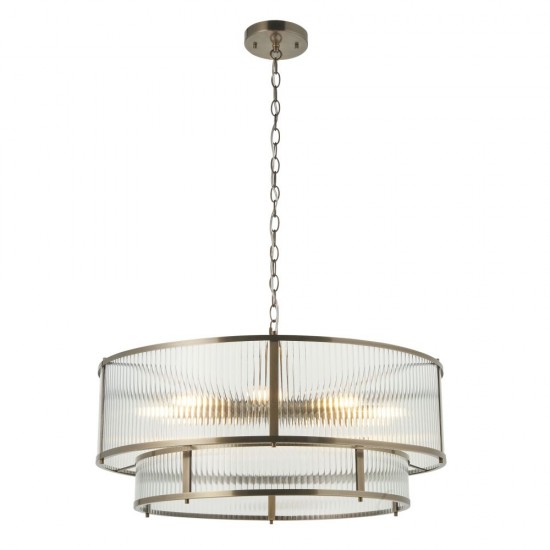 82828-001 Antique Brass 8 Light Pendant with Ribbed Glass