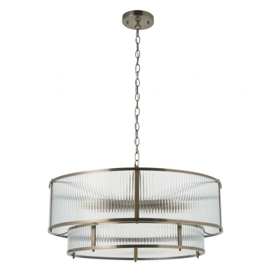 82828-001 Antique Brass 8 Light Pendant with Ribbed Glass