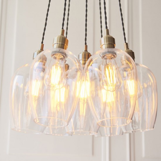 78902-001 Antique Brass 7 Light Cluster Pendant with Clear Glass