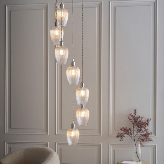 78905-001 Bright Nickel 7 Light Cluster Pendant with Clear Ribbed Glass