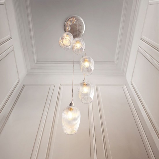 78905-001 Bright Nickel 7 Light Cluster Pendant with Clear Ribbed Glass