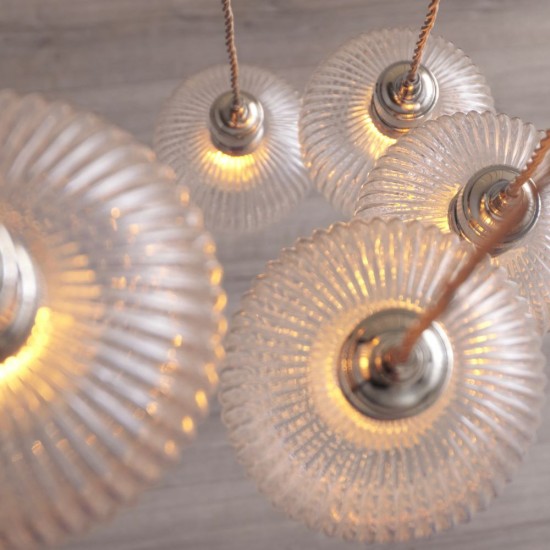 78905-001 Bright Nickel 7 Light Cluster Pendant with Clear Ribbed Glass