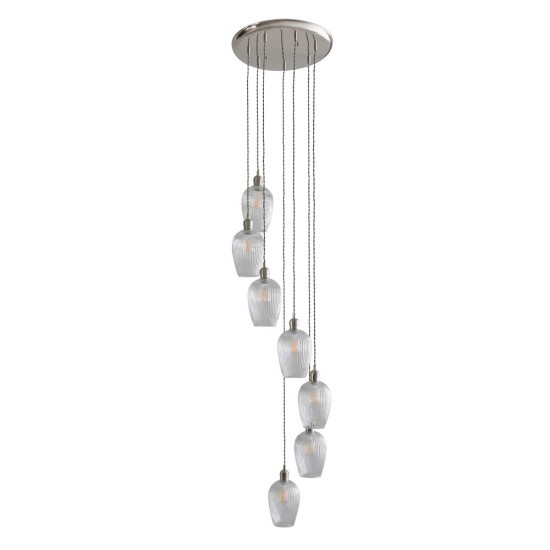 78905-001 Bright Nickel 7 Light Cluster Pendant with Clear Ribbed Glass