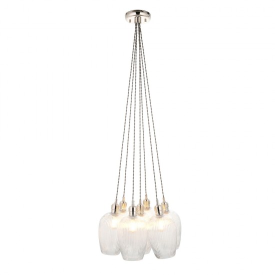 78906-001 Bright Nickel 7 Light Cluster Pendant with Clear Ribbed Glass