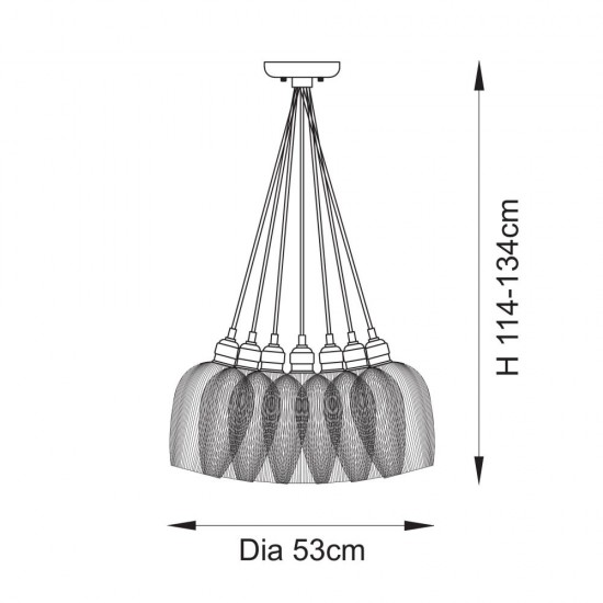 78906-001 Bright Nickel 7 Light Cluster Pendant with Clear Ribbed Glass