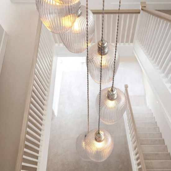 78908-001 Bright Nickel 13 Light Cluster Pendant with Clear Ribbed Glass