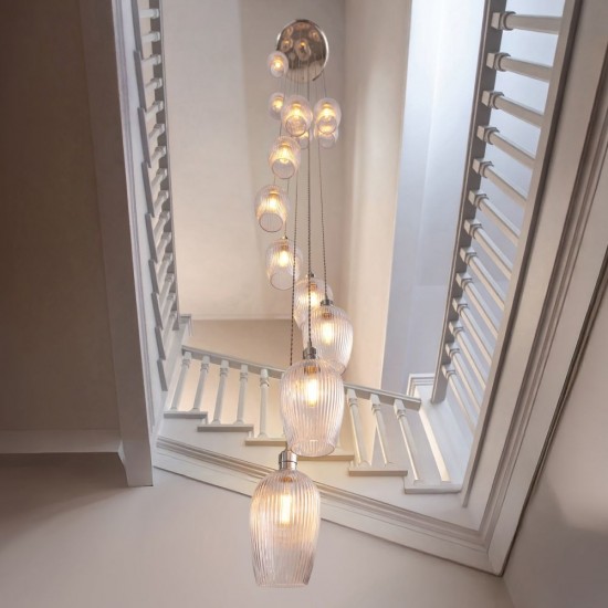 78908-001 Bright Nickel 13 Light Cluster Pendant with Clear Ribbed Glass