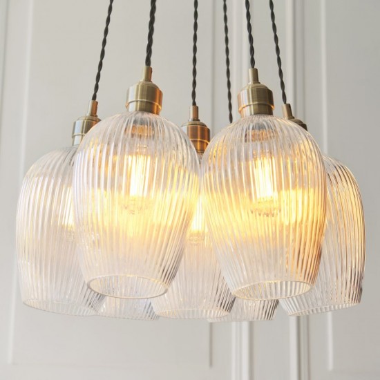 78910-001 Antique Brass 7 Light Cluster Pendant with Clear Ribbed Glass