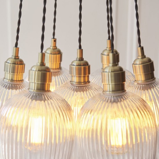 78910-001 Antique Brass 7 Light Cluster Pendant with Clear Ribbed Glass