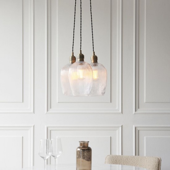 78911-001 Antique Brass 3 Light Cluster Pendant with Clear Ribbed Glass