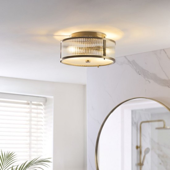 82958-001 Antique Brass Flush with Ribbed Glass & Diffuser IP44