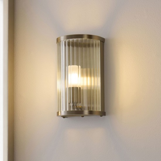 82959-001 Antique Brass Wall Lamp with Ribbed Glass & Diffuser IP44