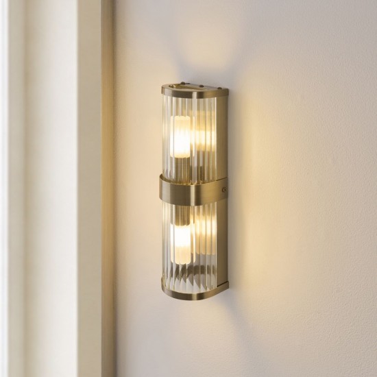 82960-001 Antique Brass 2 Light Wall Lamp with Ribbed Glass & Diffuser IP44